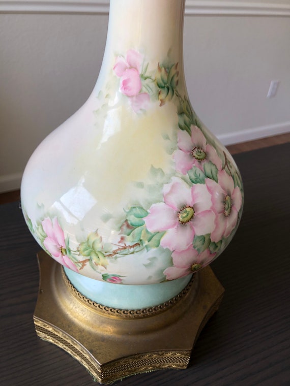 Floral Lamp Brass Base Floral Painted Lamp Handpainted Porcelain Lamp Mid Century Decorations 1940s Lamp Art Pink Flowers Vine Buntin Signed