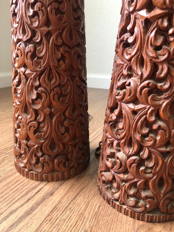 Mid Century Modern Floor Lamp Wood Carved Teak Lamp Pair 1960s Lamp Tall Floor Lamp MCM Boho Lamps Artisan Lighting Rustic Lamp Wood Art