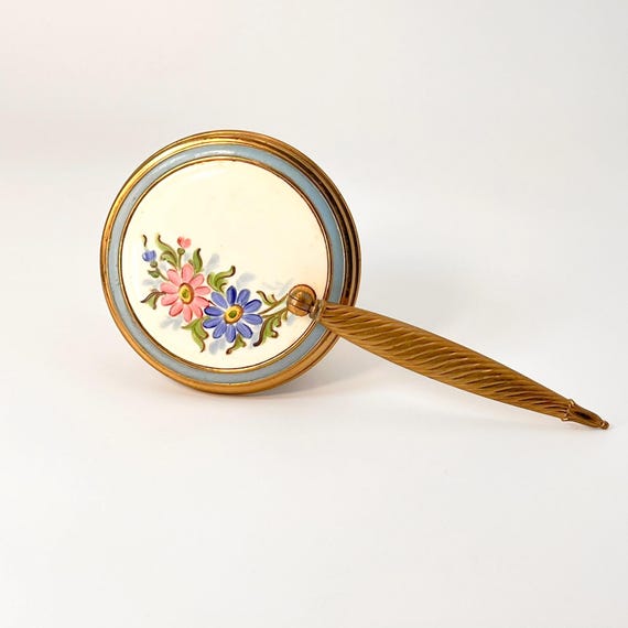 Vintage Mirror Handheld Floral Mirror Brass Enamelware Makeup Mirror Hand Painted Cosmetic Mirror Flower 1940s Guilloché Enamel Mirror
