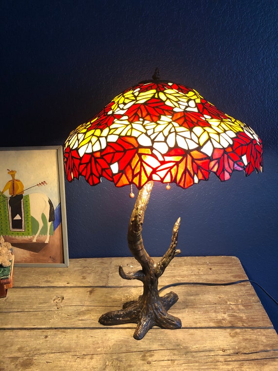 Antique, Art Nouveau Chicago Mosaic Company Tiffany Style Stained Glass Lamp Shade with Metal Tree Base, Fall Foliage, Autumn Leaves