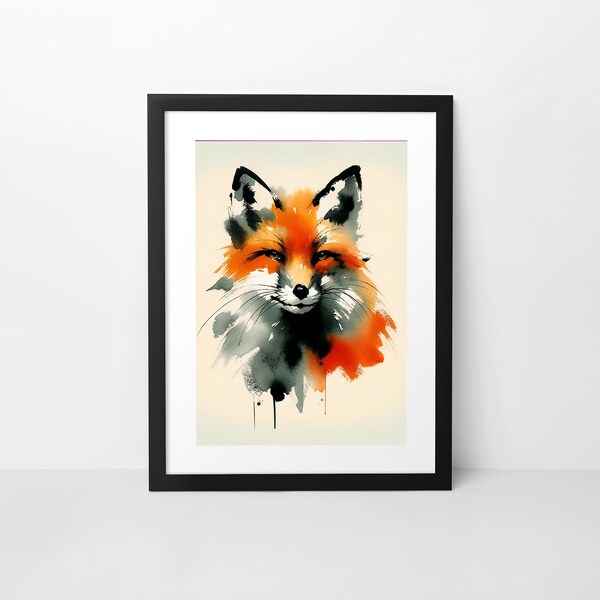 The Visitor, Wall Art, Digital Download, Frame TV Art, Modern Fox Art, Warm Tones, Black Orange Contrast