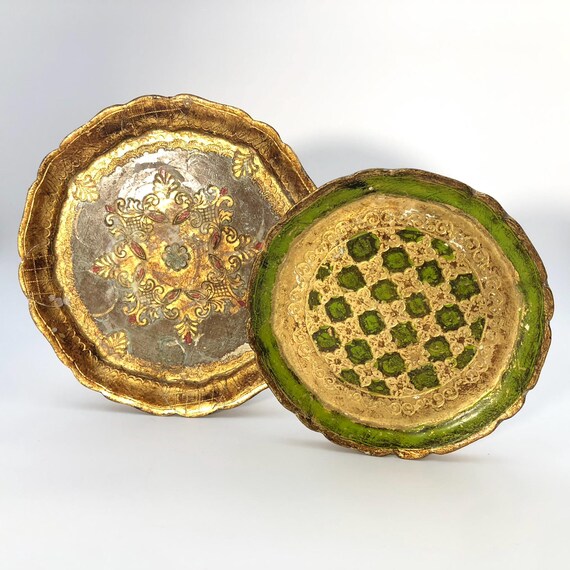 Florentine Round Tray Serving Tray Florentia Gold Rustic Mid Century 1960s Hollywood Regency Tray