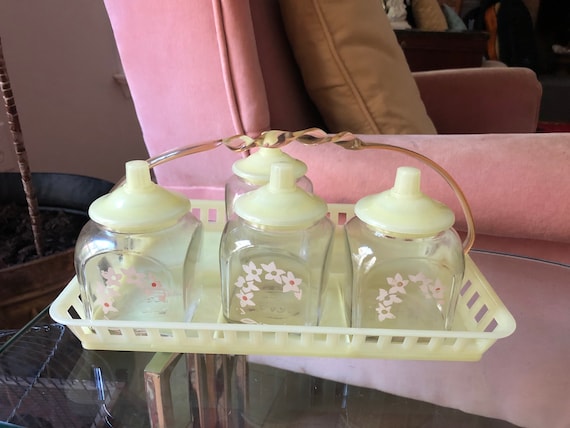 Nursery Jars Vintage Plastic Tray Caddy with 4 Glass Jars with Floral Decals Kruger Style Baby Nursery Storage Rare Baby Shower Gift Unique