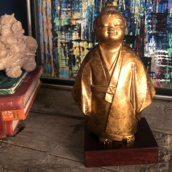 Vintage 6" Tall Japanese Gilt Metal Okimono Selflessness Child  Yokoyama Taikan Buddha Zen Enlightenment Japanese Butsudan
