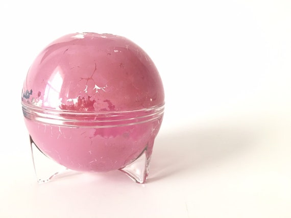 Art Deco Glass Powder Box, Painted Glass, Apothecary Jar, Pink Glass Jar w/Lid, Coton Ball Holder, Vanity, Reverse Painted Glass Jar,