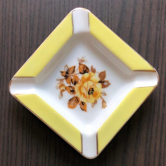 Ashtray Mid Century Yellow Ashtray Floral Cigarette Ashtray Set of Two Bright Fun Ashtray Mid Century MCM