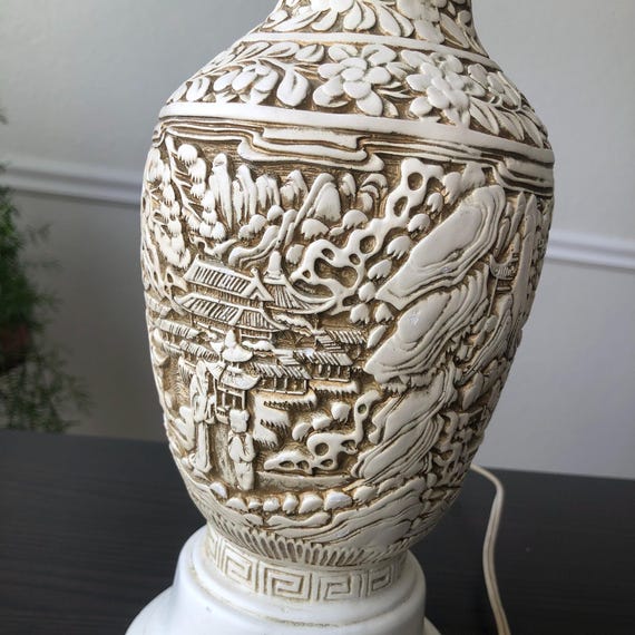 Mid Century Plaster Lamp Carved Asian Style Lamp Rare Table Lamp Chalkware Lamp Chinese Plaster Lamp 1950s