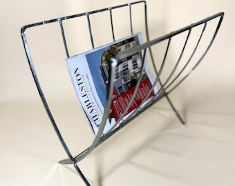 Vintage Mid Century Chrome Magazine Rack Folding MCM Record Holder Modernist Newspaper Stand