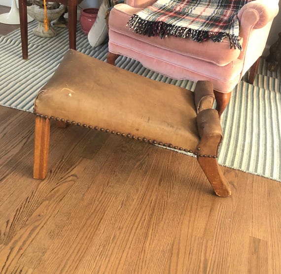 Antique Leather Footstool English Leather Foot Stool Antique Footrest Leather Decor Sloped Ottoman Gout Stool Medical Brass Nailheads