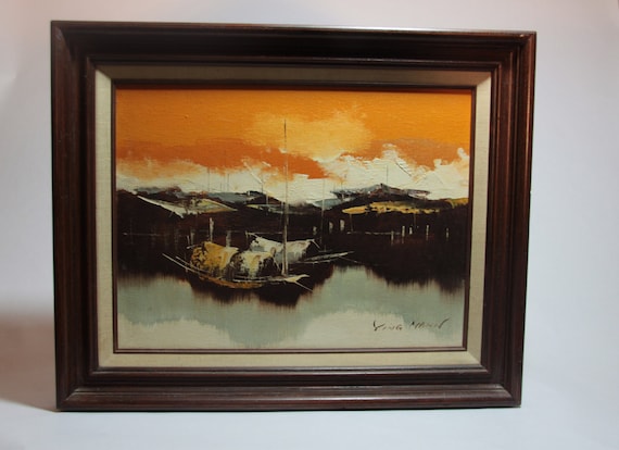 South East Asian Palette Knife Oil Painting Boat and Village - Vintage, Artwork, Midcentury, Gift for Him, Unique Gift,  (WTH-179)