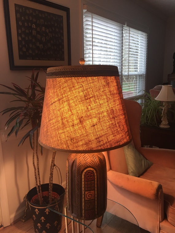 Groovy Retro Mid Century Tiki Ceramic Textured Lamp With Burlap