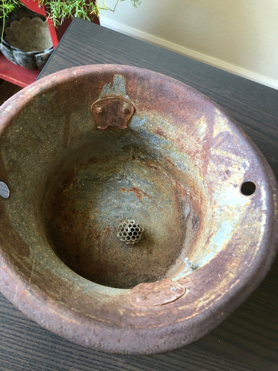 Weathered Metal Pot Antique Warped Old Pot Rustic Wasp Nest Metal Pot Flower Pot Small Tree Pot 1940s Rusted Patina Artifact