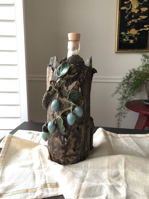 Vintage Majolica Style Art Pottery Vase with Blue Grapes, Wine Bottle Holder, 3D details, Ceramic, Italian, Unique, One of a Kind