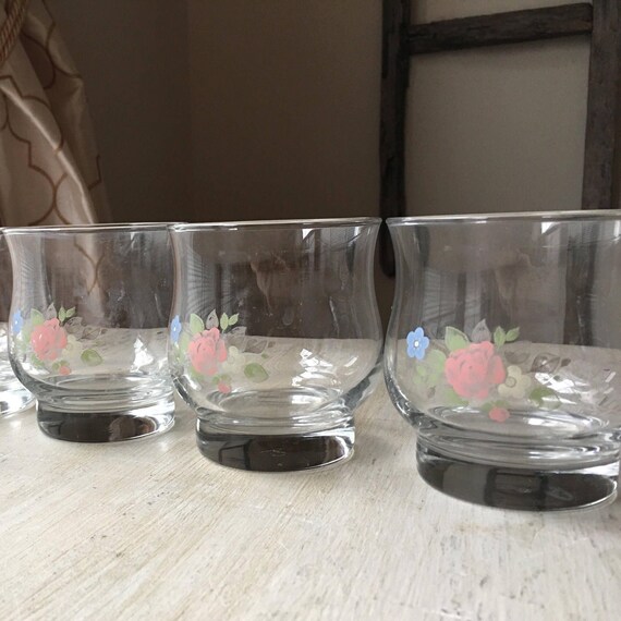 Vintage Libbey Floral Tumbler Set Libbey Glasses Feminine Glassware Drinking Glasses Pink Blue Flowers Barware Tableware