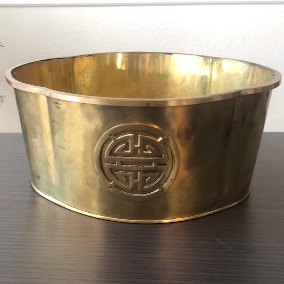 Shou Symbol Brass Flower Pot Lotus Planter Large Bowl Plant Pot Catchall Dish Asian Pot 1980s Eighties