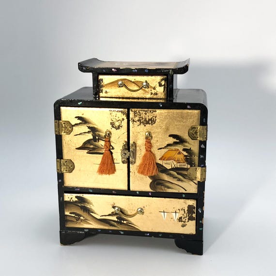 Asian Jewelry Box Black Laquer Mini Drawer Japanese Mini Doll Dresser Jewelry Box Hand Painted Asian Scene Gold Color Mid-Century
