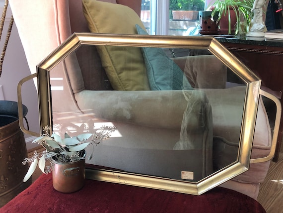 Italian Decor Brass Tray Smokey Glass Serving Tray Original Sticker Mid Century Decorations Made in Italy Vintage Black Glass Hostess Tray