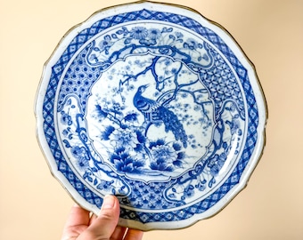 Vintage Japanese Blue & White Peacock Porcelain Plate Scalloped Porcelain Chinoiserie Wall Decor 9 Inch