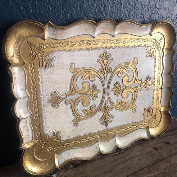 Vintage 1960's Gold and White Tray Rectangular Florentine Decorative Tray Made in Italy Carved Wood Design Italian Decor