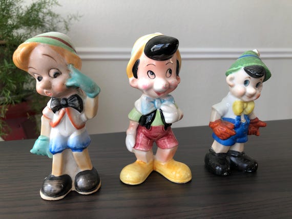 Collection of Three Ceramic Pinocchio Figurines with Gloves Made in Japan Disney Wooden Boy Collection