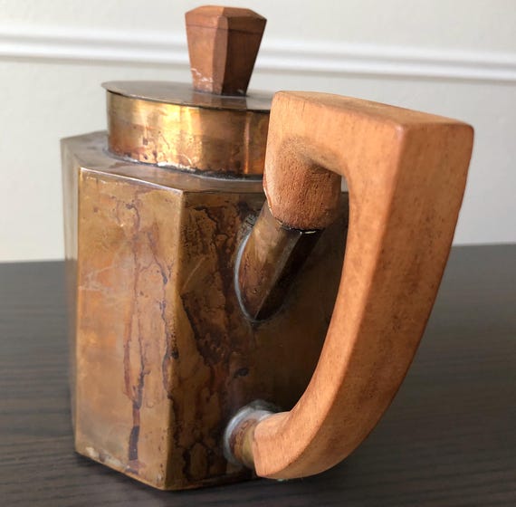 Art Deco Brass Copper Teapot Coffee Pot Copper Brass Teapot Wooden Handle Hexagon Shape Vintage  70s Decor Seventies Style Kitchen Decor