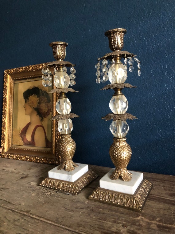 Set of Two Brass Candlestick Holders with Marble Base and Hexagon Crystal Cut Prisms - Hollywood Regency