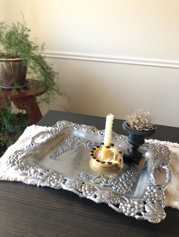 Serving Tray Vintage Arthur Court Cast Aluminum Grape Serving Tray Court Clutch Grape and Vines 1995 Rectangular Cracker Cheese Tray