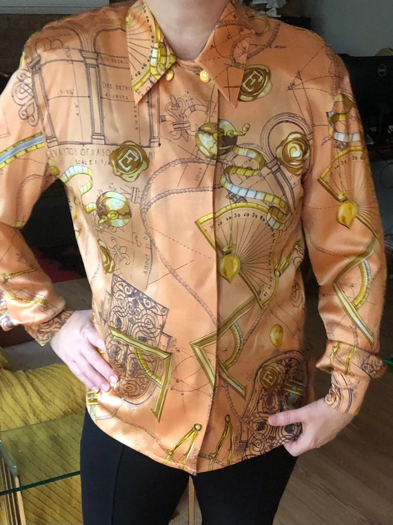 1990's Escade Silk Blouse, Long Sleeve Collared Dress Shirt, Buttondown, Nautical, Peach Colored, Elevation of Masonry