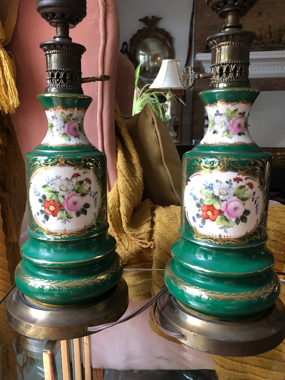 Pair of Midcentury Green and White Hand Painted Porcelain Lamps featuring Floral Pattern One with Milkglass Torchiere Shade MCM