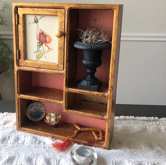 Wooden Gold Painted Shelf with Floral Tile Hand Painted Shelf Jewelry Box Display Shelf Vanity Decor Painted Rose