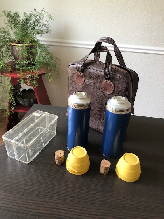 Landers Frary and Clark Universal Picnic Set with Two Thermos and Lucite Plastic Box New Britain Connecticut Made in USA Vintage