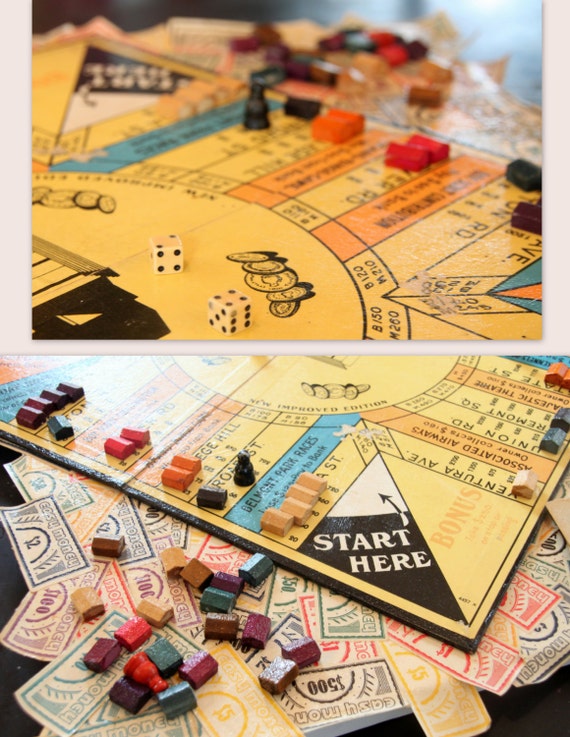 Wall Hanging Collage Board Game Collectible Vintage Board Game Room Decor Man Cave One of a kind Art Assemblage 1936 Easy Money Game Decor