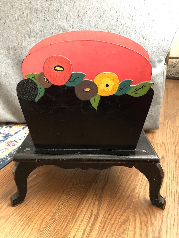 Hand Painted Wooden Magazine Rack Floral Magazine Holder Floral Design Black & Red Rainbow Colored Flowers 1980s
