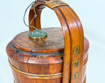 Antique Chinese Wedding Basket Wooden Tiffin Carrier Stacked Food Box Asian Decor Dowry Basket Entryway Decor Aged Wood Nesting Box