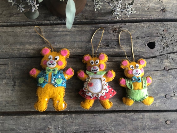 Papa, Mama, and Baby Bear Handmade Felt and Sequin Ornaments, Mid Century Holiday Decor, Three Teddy Bears, Vintage Christmas Ornaments