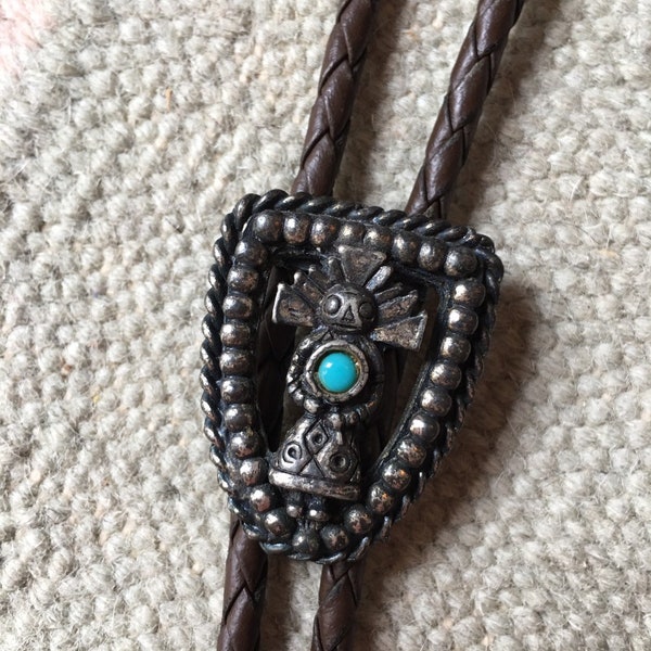 Vintage Turqouise Bolo Tie, Zuni Style Bolo Tie, Shalako, Turquoise, Sterling Silver or Pewter, V-shaped Slide, Leather Bolo