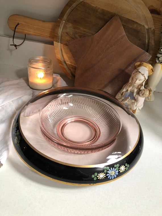 Antique Cambridge Glass Console Bowl Hand Painted Glass Bowl Cambridge Glass Company Goes with a Pink Glass Draped Lady Frog