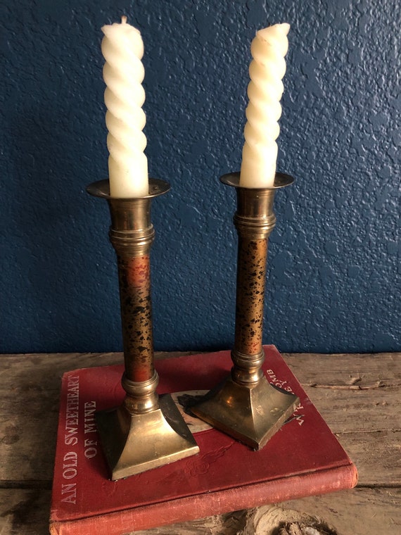Brass Candlestick Spotted Candlestick Matching Spotted Pillar Candle Spotted Gold Candle Art Nouveau Candle Pillar