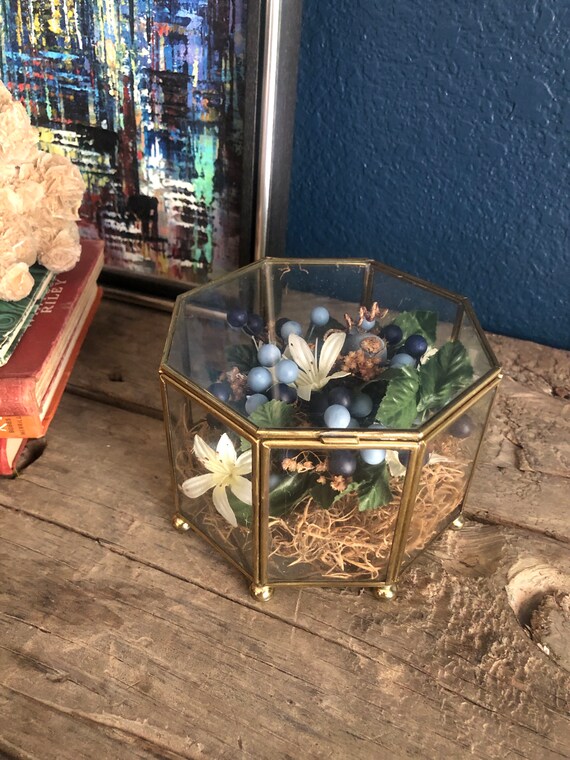 Beautiful Brass and Glass Display Box with Blue Flower Arrangement, Made in Mexico, Blue Decor, Keepsake Box