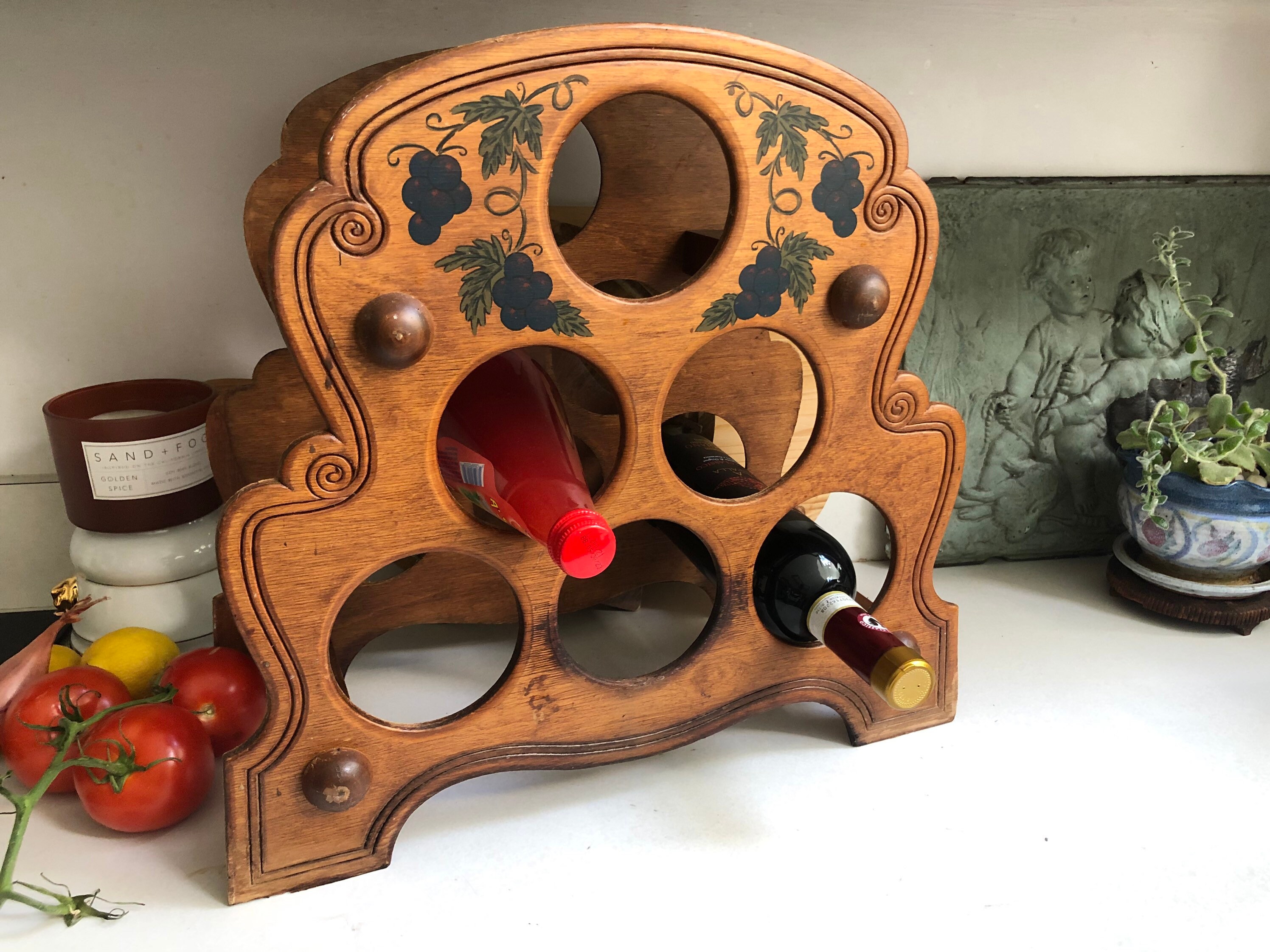 Wooden Wine Rack With Handpainted Grape Vine Decorations Table
