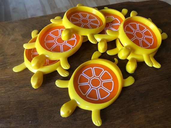 Coaster Set Turtle Drink Coaster Yellow and Orange Turtles Mod Decor Bold Color