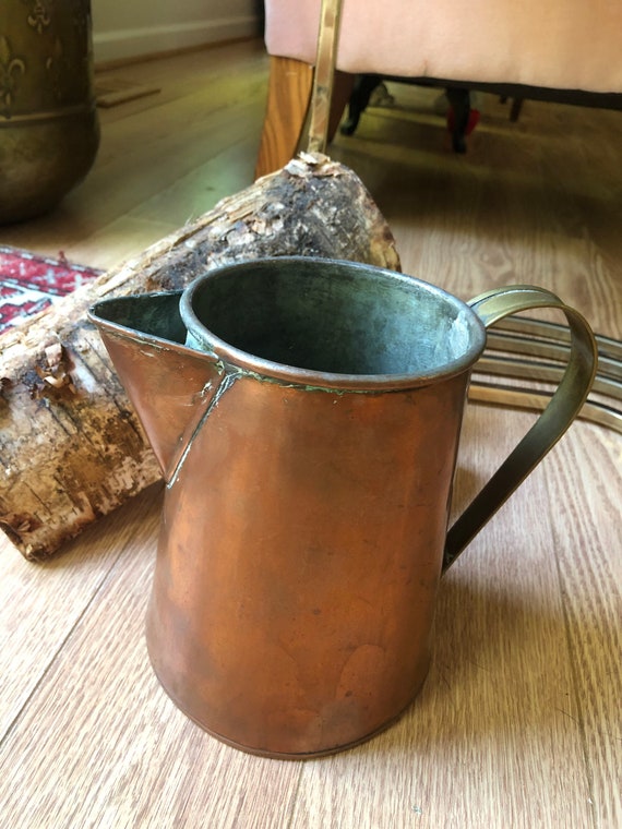 Antique Primitive Industrial Copper Water Pitcher - Vase, Jug, Industrial, Urban Farmhouse, Vintage, Brass Handle, Patina, Elegant