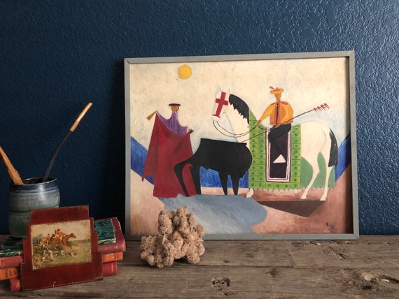 Mid Century One of a Kind Surrealist Painting, Signed Rodar, Spanish Bull Fighting, Matador, Water in Background