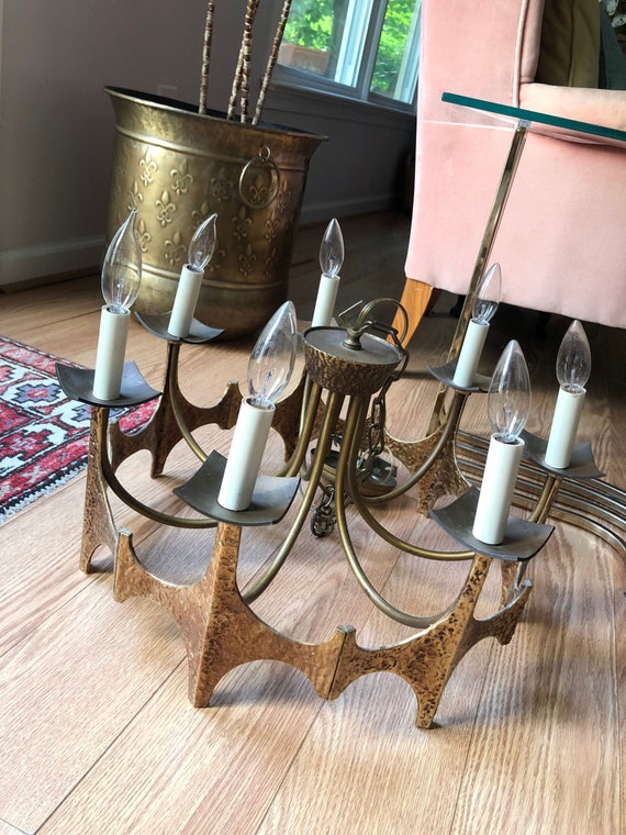 Moe Bridges Brutalist Chandelier with Hammered Bronze and White Candle Lights
