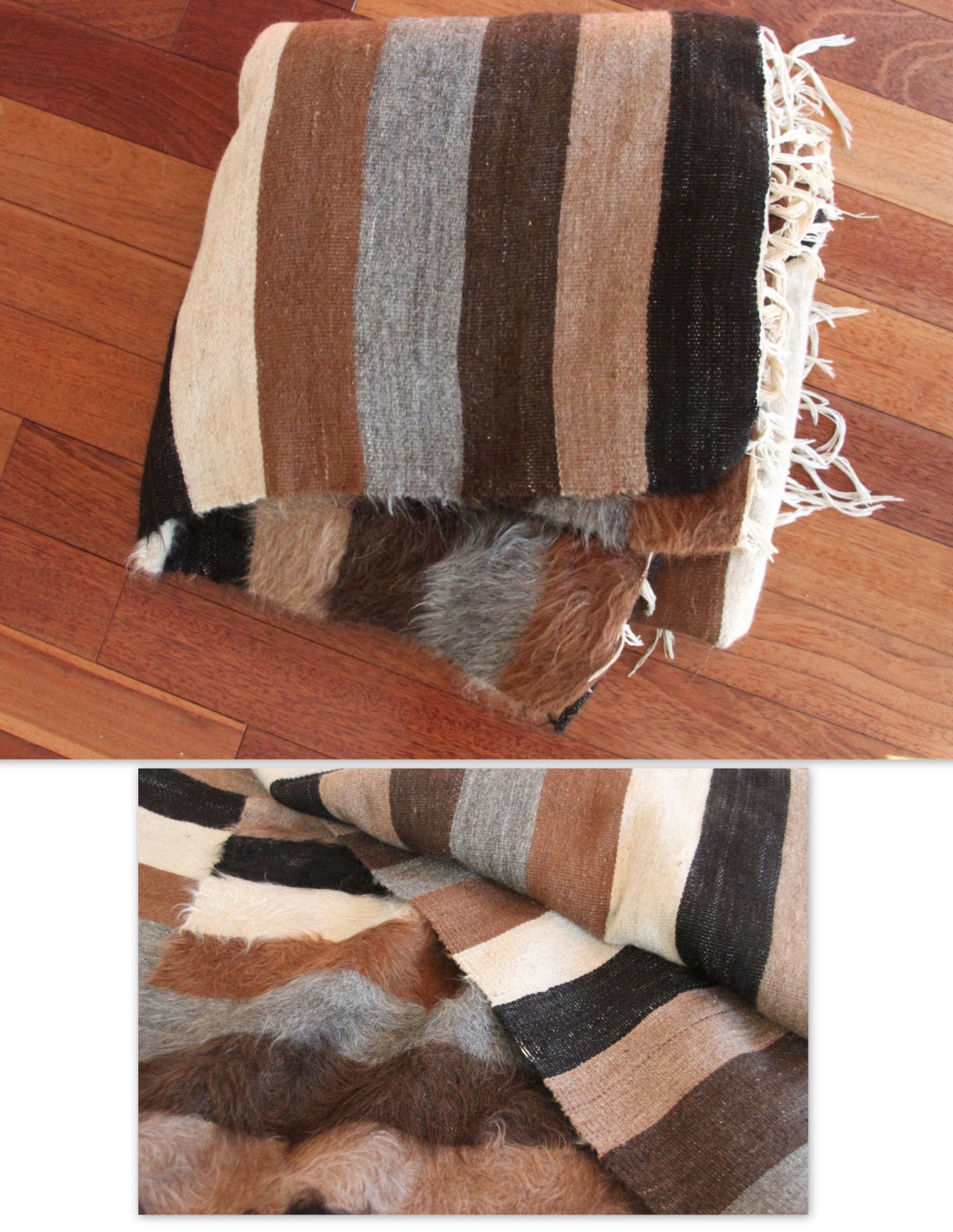 Vintage Turkish Tulu Striped Rug Tassels Brown White and Etsy