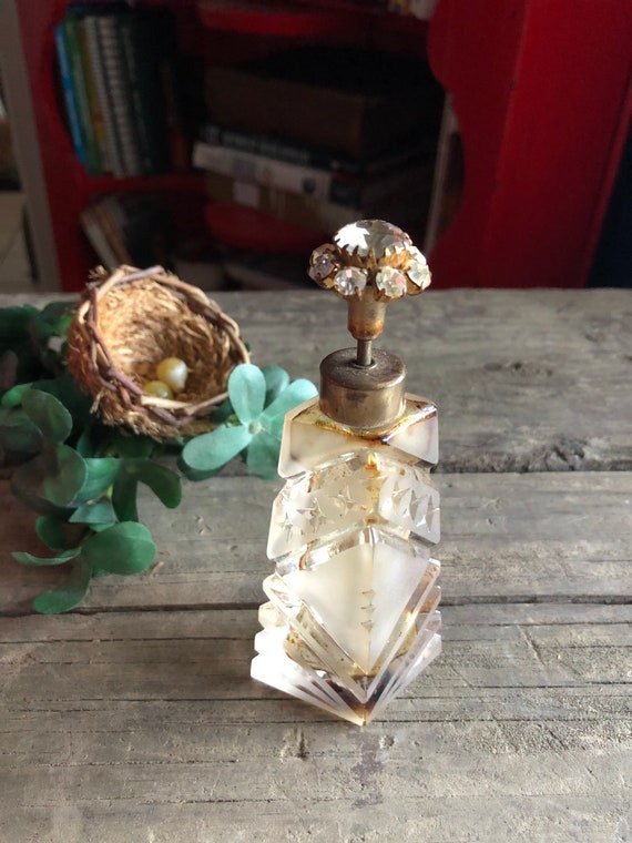 Antique Ornate Jeweled Art Deco Crystal and Silver Perfume Bottle - Czech Glass, Elegant, Diamond Shaped, Unique, Clear Cut