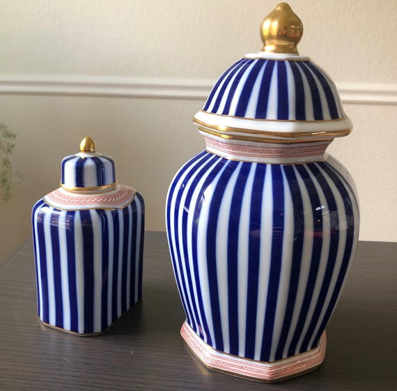 Blue White Vase Set  Italian Porcelain Gold Trim Vase Rare Italian Decorations Living Room Decor Ornamental Porcelain Potiches Striped Vase