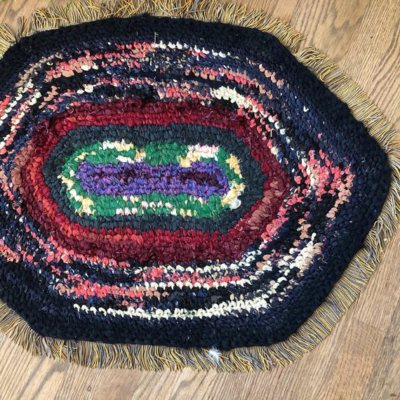 Antique Primitive Hooked Rug Fringe Tassels Tattered Rug 6-Sided Hexagon Carpet Black Rug Unique Handmade Carpet Oval Rug Handcrafted Unique