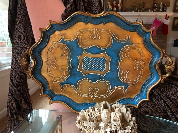 Oval Florentia Blue and Gold Tray, Florentine, Dresser Decor, Vanity Tray, Desktop, Chateau Chic, Wall Hanging, Molded Plastic Tray