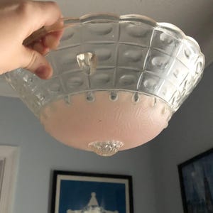 Art Deco Pink and Clear Glass 3 Chain Ceiling Lamp Shade  Light Cover Bowl Shade Thirties Forties Elegant Soft Light